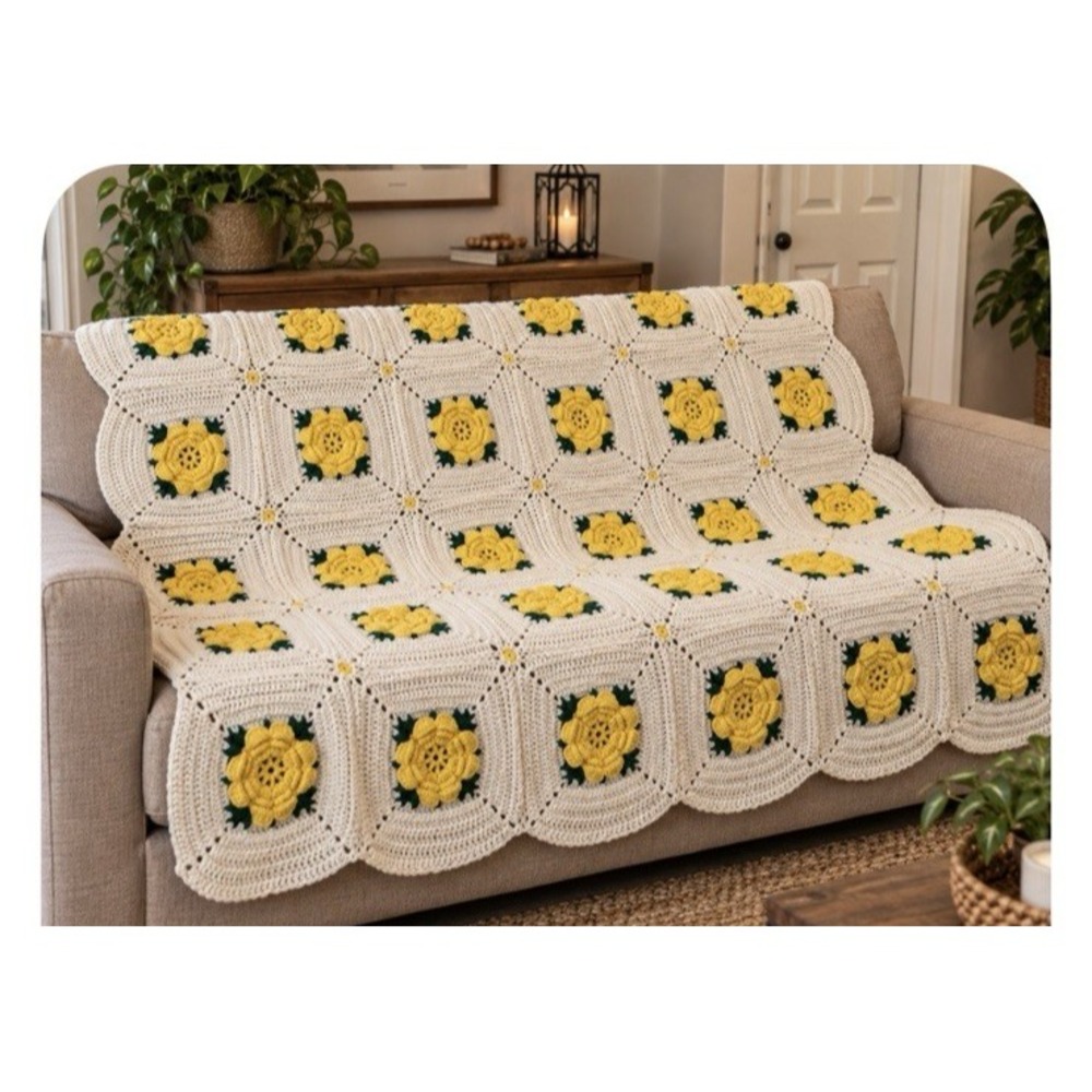 Vintage Crochet Yellow Rose Blanket Yellow White Green 3D Floral Rectangle Throw